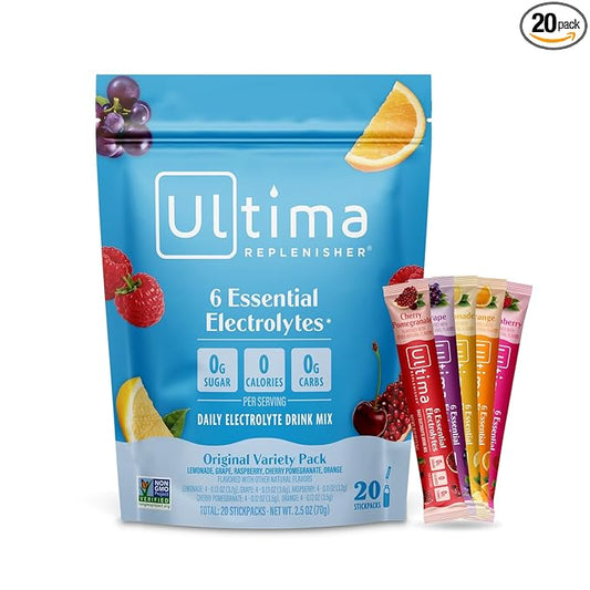 Ultima Replenisher Daily Electrolyte Powder Drink Mix – Sugar Free – Original Variety, 20 Stickpacks – Hydration Packets with 6 Electrolytes and Minerals – Keto Friendly, Vegan, Non-GMO