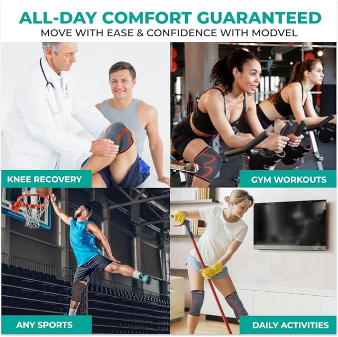 Modvel Compression Knee Brace for Women & Men, 2-Pack Knee Brace for Running Knee Pain, Knee Support Compression Sleeve, Workout Sports Knee Braces for Meniscus Tear, ACL & Arthritis Pain Relief