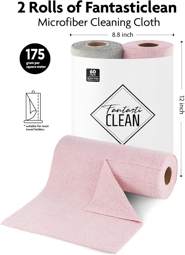 Fantasticlean Microfiber Cleaning Cloth Roll -60 Pack, Tear Away Microfiber Towels, 12" x 12", Reusable, Washable, Scratch Free, Ultra Absorbent Dishcloth for Car, Home Supplies (Pink & Grey)