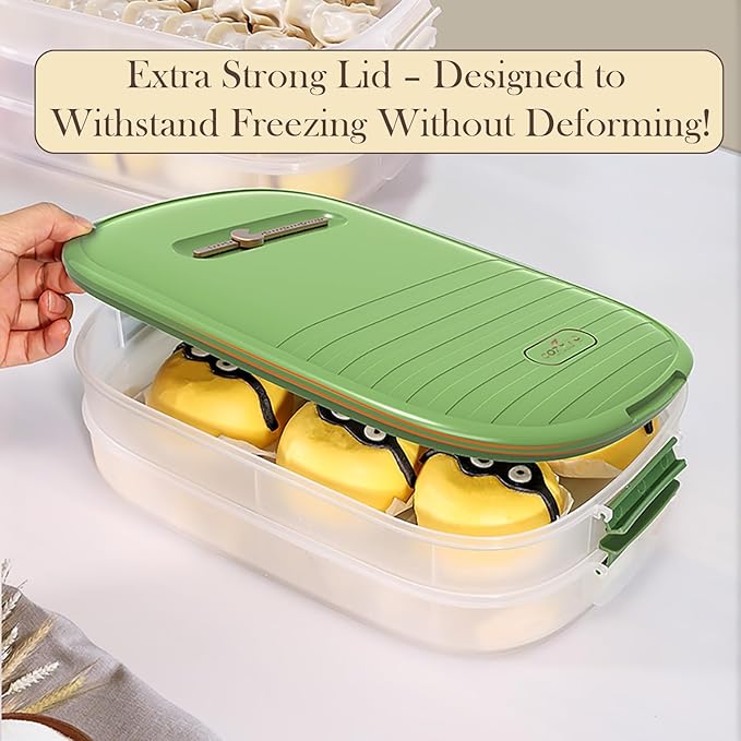 4-Layer Dumpling Storage Container – Freezer Organizer with Smart Timer, Good Sealing, Stackable Food Containers, Anti-Stick Base & Clip Lid (Green Lid & Transparent Box)
