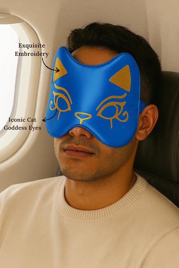 Silk Sleep Mask Blindfold Eye Mask for Sleep Cute Cat Print Embroidered Eye Cover Adjustable Oversized Egyptian Bastet with Gift Box&Pouch(Nefertari Blue-Adjustable Strap)