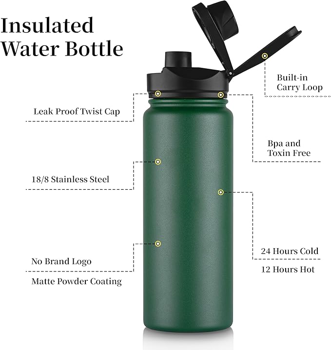 24 oz Insulated Water Bottle with Straw Lid & Wide Mouth Lids, Stainless Steel Sports Water Bottles, Double Walled Vacuum, Leak Proof, Dark Green