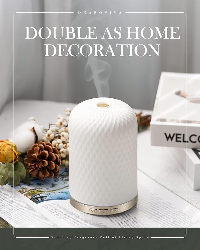 Essential Oil Diffuser,120ML 2.4MHz Ultrasonic Aromatherapy Diffusers for Essential Oils Large Room, Ceramic Diffusers Decorative Aroma Diffuser, Ideal Air Diffusers for Home, Room Decor, Yoga, White