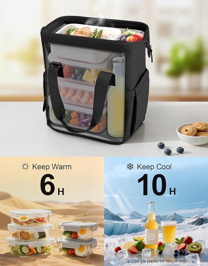 Lunch Box for Women & Men, 20L Large Insulated Lunch Bag with Wide Opening, Leak-Proof & Multi-Pocket Cooler Bag, Adjustable Strap Lunch Tote Bags for Work, Office, Picnic and Camping