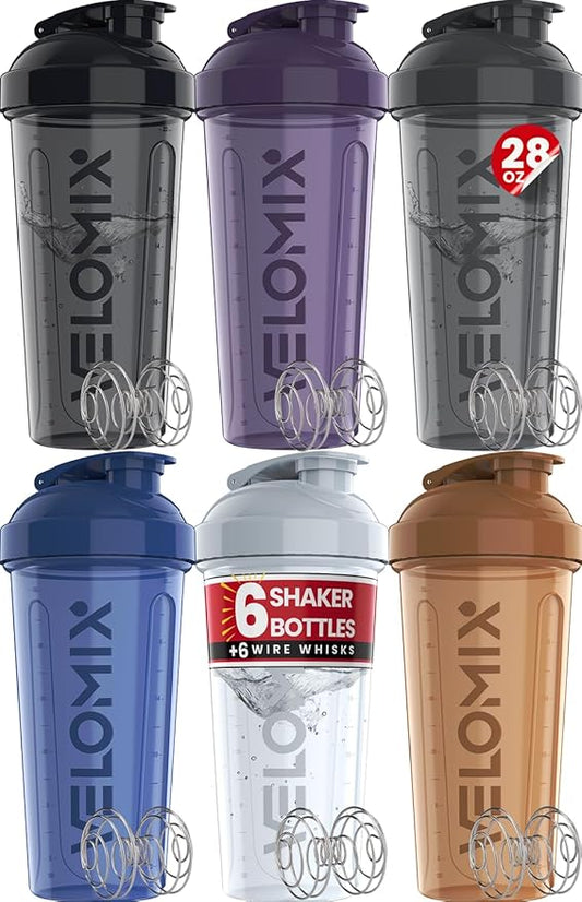 -6 PACK- 28 oz Protein Shaker Bottle for Protein Mixes - 6x Wire Whisk | Leak Proof Shaker Cups for Protein Shakes | Protein Shaker Bottle Pack | Protein Shake Cup (Elemental Mix)