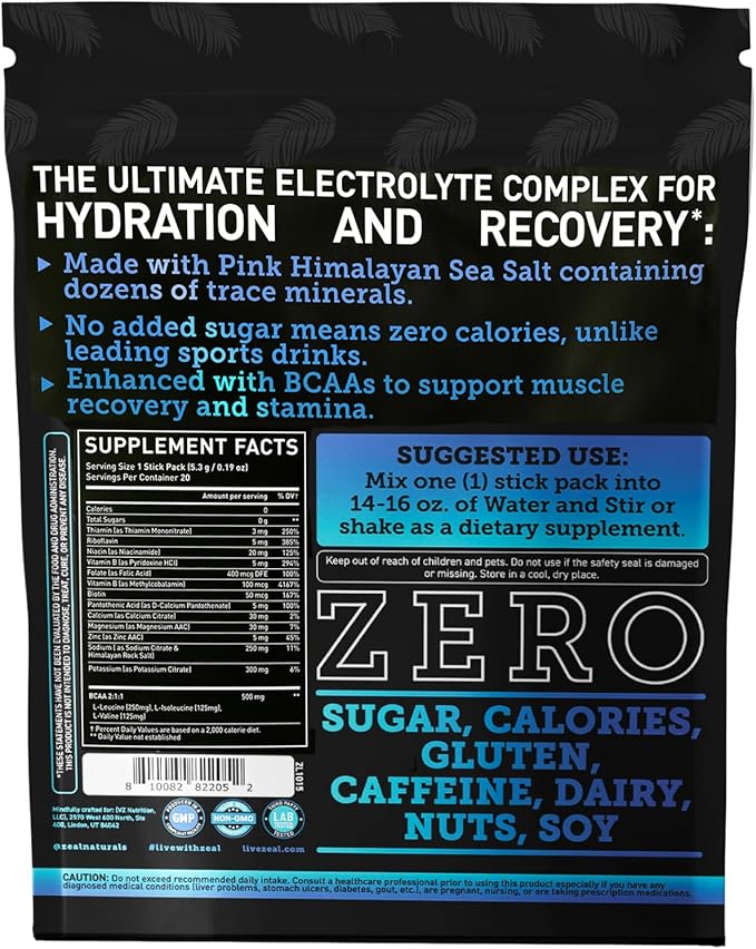 Enhanced Electrolyte Powder Stick Packs (Blue Raspberry | 20 Packets) w/ 0 Sugar +BCAAs +B-Vitamins Electrolyte Supplement w Potassium Zinc & Magnesium for Hydration - Keto Electrolytes