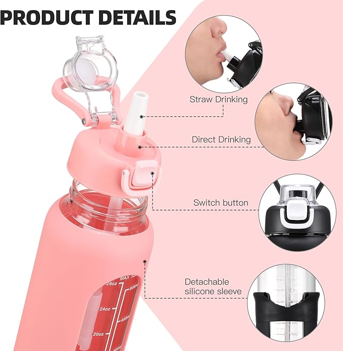 32 oz Glass Water Bolttles with Straw Large Motivational Water Bottle with Time Marker Sports Water Bottles with Silicone Sleeve and Handle Lid Water Jug for Gym Workout