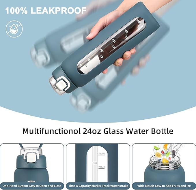 24 oz Glass Water Bottles with 2 Lids-Handle Spout Lid & Straw Lid, Motivational Water Bottle with Time Marker and Silicone Sleeve,Leakproof-Dark Blue-1 Pack