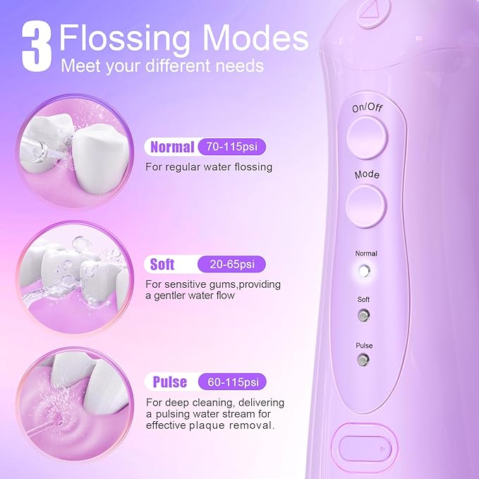 Nicefeel Water Dental Flosser Teeth Pick - Fast Charge Cordless Teeth Cleaner, 3 Modes Portable Oral Irrigator, IPX7 Waterproof Electric Water Dental Flosser for Tonsil Stone, 300ML Tank