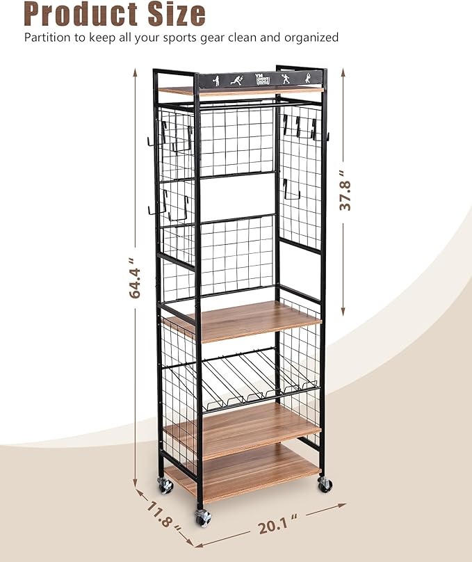 Mythinglogic Weight Rack for Dumbbells, Home Gym Storage for Yoga Mat Dumbbells Kettlebells and Strength Training Equipment, Dumbbell Rack with Wheels and Hanging Hooks