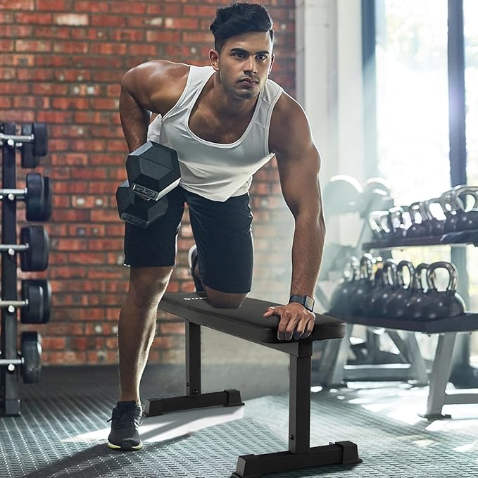 GYMAX Flat Weight Bench, 660lbs Easy Assembly Weight Bench Press with Thick Cushion & Anti-slip Foot Pads, Compact Strength Training Equipment for Home Gym Exercise