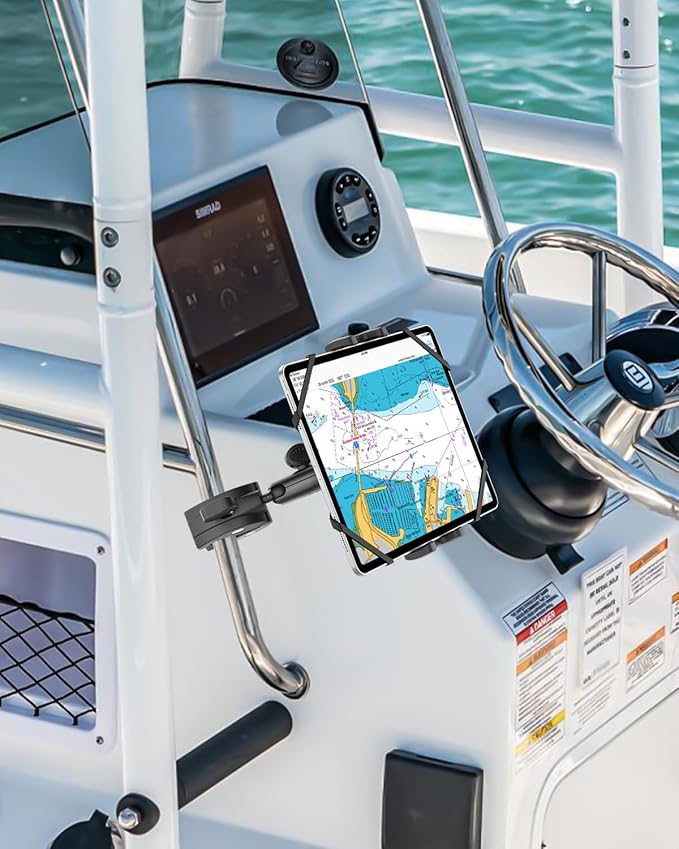 Boat Helm Tablet Mount, Marine Rail Tablet Holder with Aluminum Arm, 360° Adjustable Sailboat Pole Rod Handle Bar Clamp Mount for iPad Pro 13 12.9 11 Air Mini, Galaxy Tab, iPhone, 4-13" Device