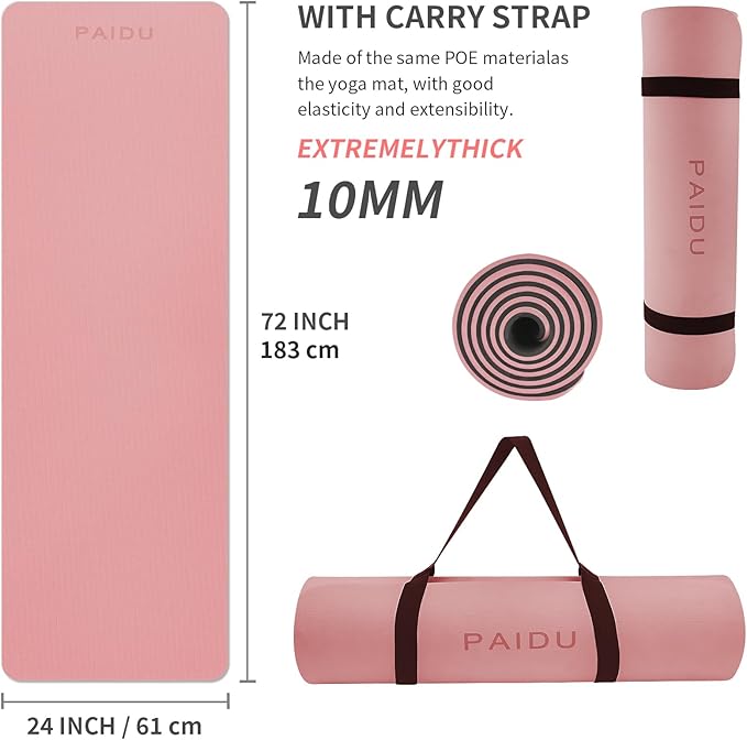 Yoga Mat Non Slip Anti-tear,extra thick-2/5 inch(10MM)High Resiliency Professional POE Yoga Mats for Women Men Kids,72"x24"inch,Workout, Yoga, Pilates and Floor Exercise, with Carrier Strap