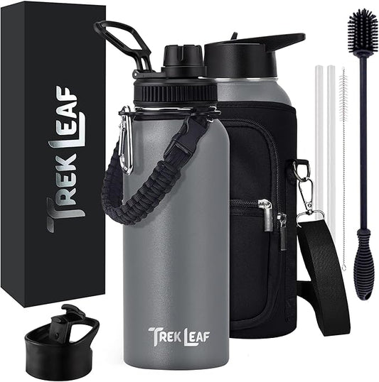 Travel Water Bottle with 3 Lids (Spout, Straw, Flip) Leak Proof, Quality, Vacuum Insulated, Stainless Steel (Gray, 32 oz)