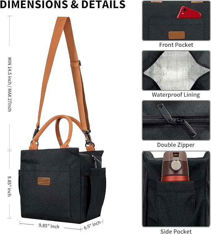 Joymee Lunch Bag Women Insulated Lunch Box with Adjustable Shoulder Strap Large Reusable Leakproof Spacious Cooler Tote for Women Men Adult with Bottle Holder and Side Pockets - Black