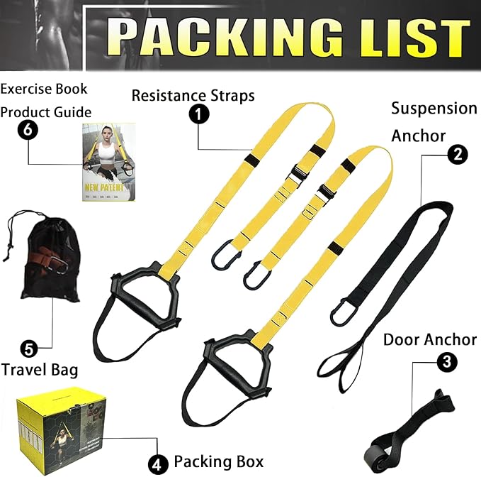 Bodyweight Resistance Training Straps, Complete Home Gym Fitness Trainer kit for Full-Body Workout, Included Door Anchor, Extension Strap, Fitness Guide