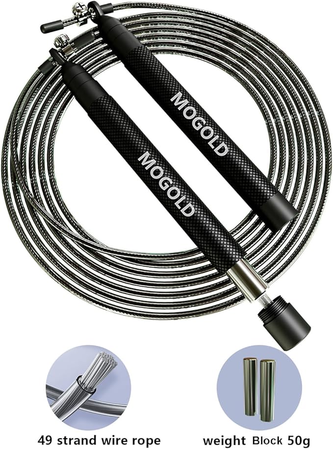 speed jump rope incl. 2 PVC Steel Cables 2.0mm/3.0mm| Ideal for Crossfit, Fitness, Boxing and Easy Double Under | Metal Jump Rope with Weights for Fitness Women and Men Premium Bearing Balls | Carry Pouch&Spare Screws