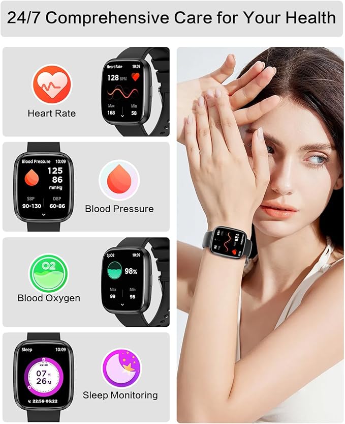 Smart Watches for Men/Women, 1.75" Bluetooth Call, AI Voice Smartwatch, 24/7 Heart Rate Monitor, Blood Pressure/SpO2/Sleep Tracker, IP68 Waterproof, 100+ Sports Fitness Tracker for Android iOS Black