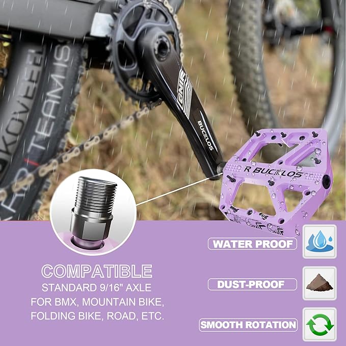 BUCKLOS Mountain Bike Pedals MTB Pedals Flat, Adult Bicycle Road Bike Large Platform Nylon Non-Slip Pedal for Gravel Bike/Hybrid Bike 9/16"