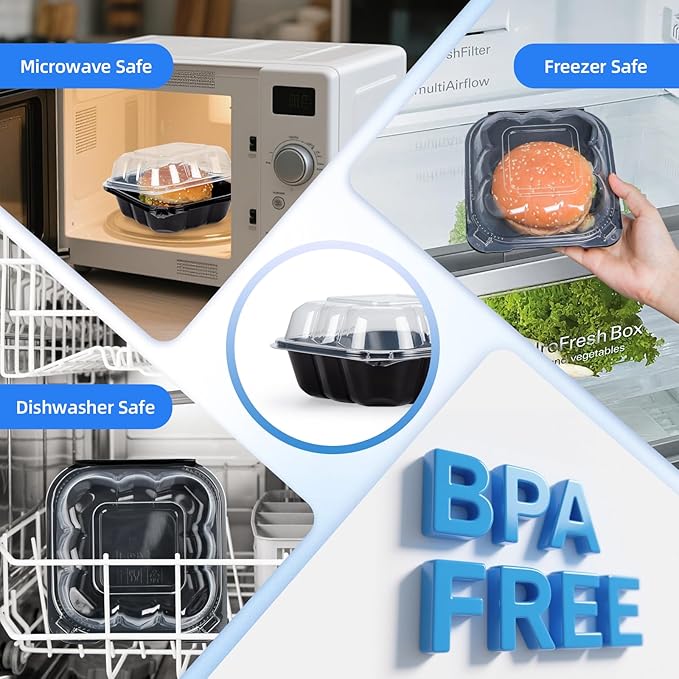 YANGRUI Plastic Containers 6" 17 oz 55 Pack - Reusable Crystal View Anti Fog Lid BPA Free PP Clamshell Food Container | Shrink Wrap Freezer & Microwave Safe | Catering Hotel Grade Black Burger Box