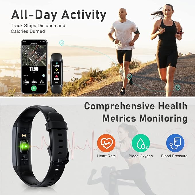 Fitness Tracker with Step Counter/Calories/Stopwatch, Activity Tracker, Health Tracker with Heart Rate Monitor, Sleep Tracker,1.10''AMOLED Touch Color Screen, Pedometer Watch for Women Men