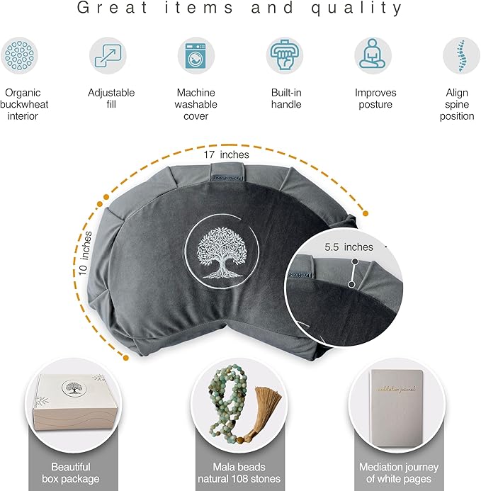 Meditation Cushion - Premium Yoga Buckwheat Bolster - Gifts for Women - Self Care Gift - Anxiety Relief Items - Meditation Floor Pillow - Meditation Kit