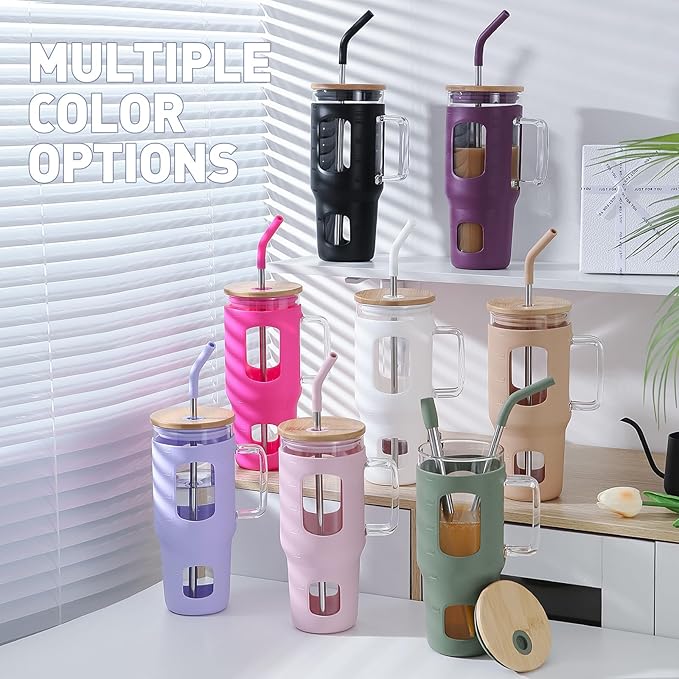 Glass Tumbler with Straw and Lid, 32 oz Glass Cup with Handle, Glass Water Bottles with Time Marker, 2 Straws - Pearl Straw & Drinking Straw Silicone Protective Sleeve-Pink