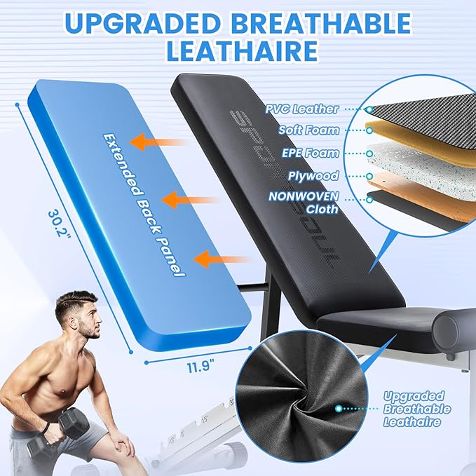 SPORTSOUL Adjustable Weight Bench Professional Utility Heavy Duty Workout Bench Incline Decline Flat Multi-Purpose Bench Press