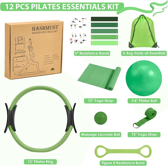 HASHMUST Pilates Ring Kit 12 PCS for Women, Home Workout Equipment with Magic Circle, Mini Exercise Ball, Resistance Bands, Massage Lacrosse, Yoga Strap, Full-Body Fitness Set for Toning & Gift