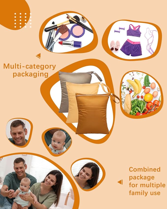 babygoal Wet Dry Bags for Baby Cloth Diapers, Washable Travel Bags, Beach, Pool, Gym Bag for Swimsuits & Wet Clothes with Two Zippered Pockets 3 Pack, 3LN20