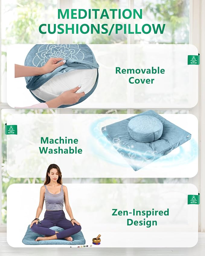 Hihealer Meditation Cushion Set Large Velvet Floor Pillow & Traditional Tibetan Yoga Bolster for Adults Zafu Meditation Mat with Buckwheat Filling