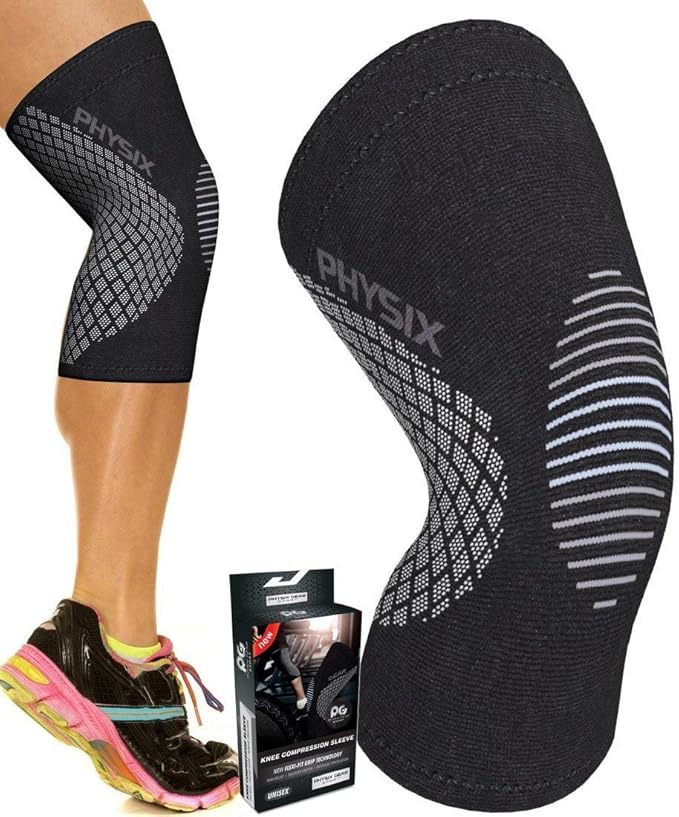Physix Gear Knee Compression Sleeve for Men & Women - Best Compression Knee Brace for Walking, Running, Gym, Basketball, Weightlifting,Workout, Sports - Knee sleeves Support Compression & Stability
