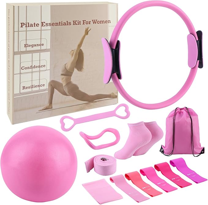 ASIEIT Home Pilates Kit for Women, Pilates Ring and Ball Set with 5 Resistance Bands, 9.8β Ball, 14.96'' Magic Circle, Pilates Equipment Set for Strength, Toning and Flexibility
