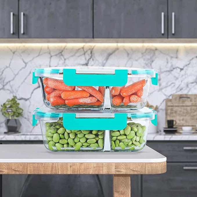 KOMUEE 10 Packs 30oz Glass Meal Prep Containers 2 Compartments,Glass Food Storage Containers with Lids,Airtight Glass Lunch Bento Boxes,Oven,Freezer and Dishwasher Safe, Green