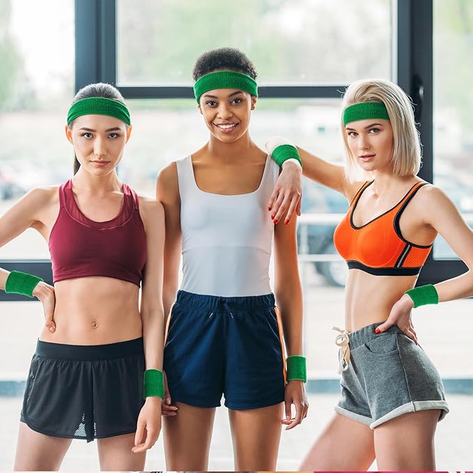 24 Pieces 80s Neon Sweatbands Set, Include 8 Sports Headbands and 16 Sweat Wristbands Elastic Athletic Tennis Sweat Bands Bulk for Man Woman