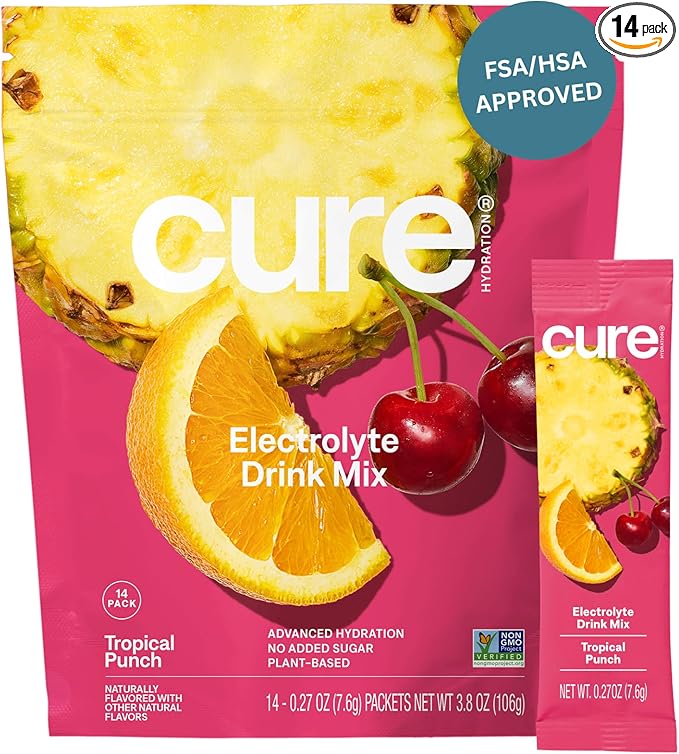 Cure Hydration | Plant-Based Electrolyte Drink Mix | No Added Sugar | FSA-HSA | Dehydration Relief Powder Made with Coconut Water | Non-GMO | Vegan | Pouch of 14 Packets - Tropical Punch