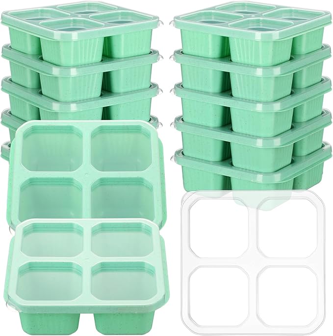 12 Pcs 4 Divided Compartments Snack Containers Bento Wheat Straw Snack Box with Lid Reusable Meal Prep Lunch Box Food Storage Containers for Adults Travel Work (Green)