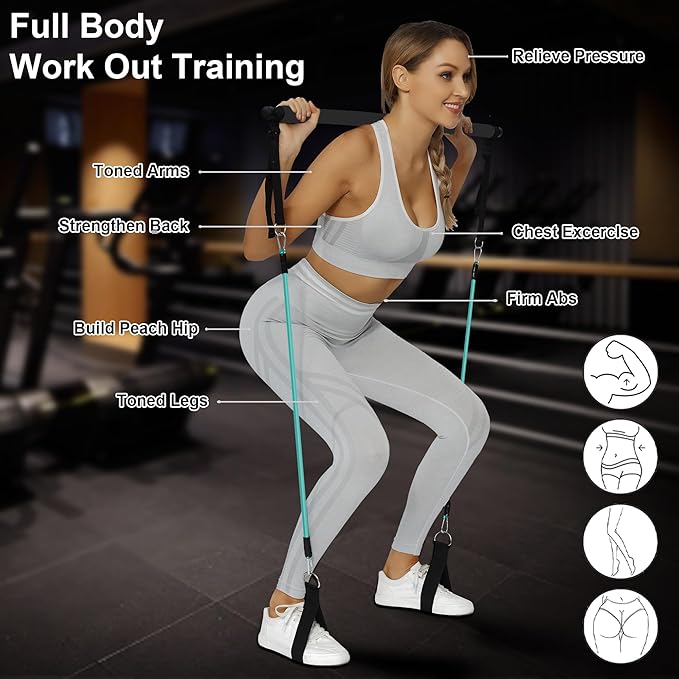 Portable Pilates Bar Kit with Resistance Bands for Men and Women - 3 Set Exercise Resistance Bands - Multifunctional Home Gym - Supports Full-Body Workouts β with Fitness Poster and Video
