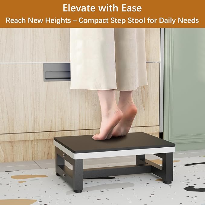 Wooden Step Stools for Adults Kids, Heavy Duty Stepping Stools with 1CM-Thick Anti-Slip Cushion for Bedroom Kitchen Bathroom, Bed Steps for High Bed, Easy to Assemble, 500-LBS Capacity, Black&Grey