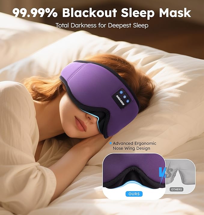 Ice Silk Sleep Mask with Headphones, Sleep Headphones for Side Sleeper with 3D Cups, Bluetooth 5.4 Sleeping Eye Mask, Total Blackout Sleeping Headphones for Women Men(Purple)
