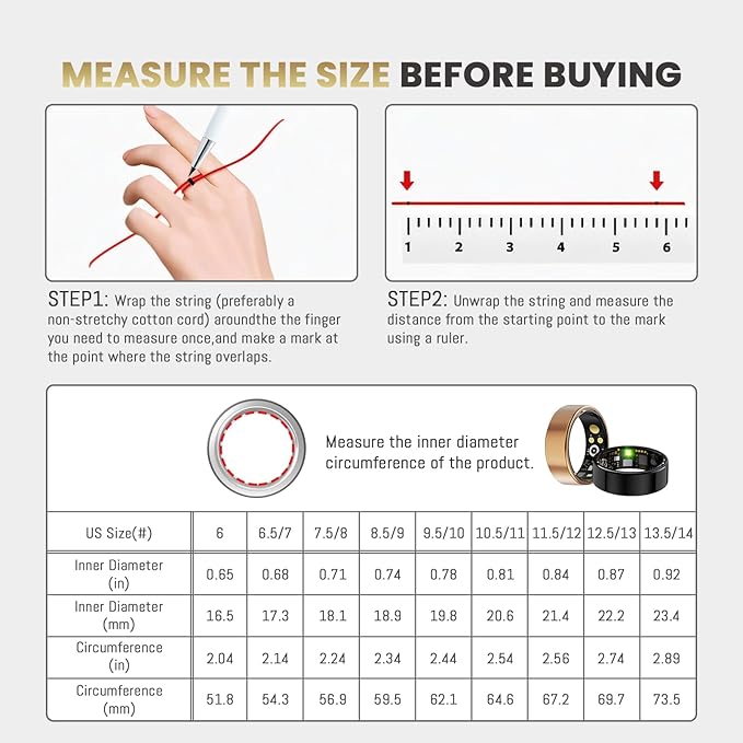 Smart Ring For Women Men, Health Tracker with Heart Rate, Blood Oxygen, Blood Pressure, Sleep Monitor, Step Counting, IP68 Waterproof Fitness ring, No App Fees for iPhone & Android (Black, 13#)