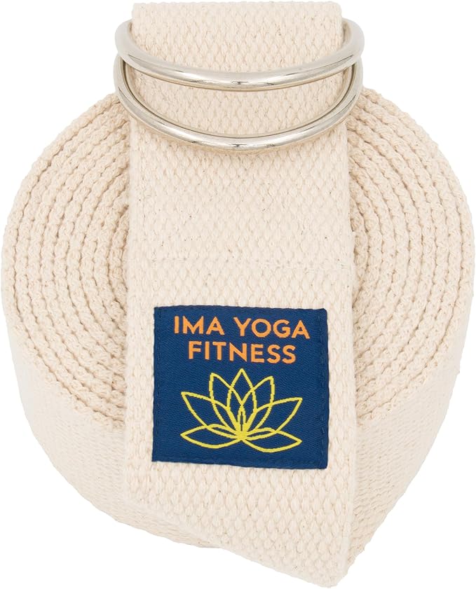 Adaptive Yoga Strap, Stretching Strap, 2 Inches Wide, 100% Naturally Soft Cotton, Steel D-Rings, Includes Natural Cotton Drawstring Storage Pouch and Instructional E-Book