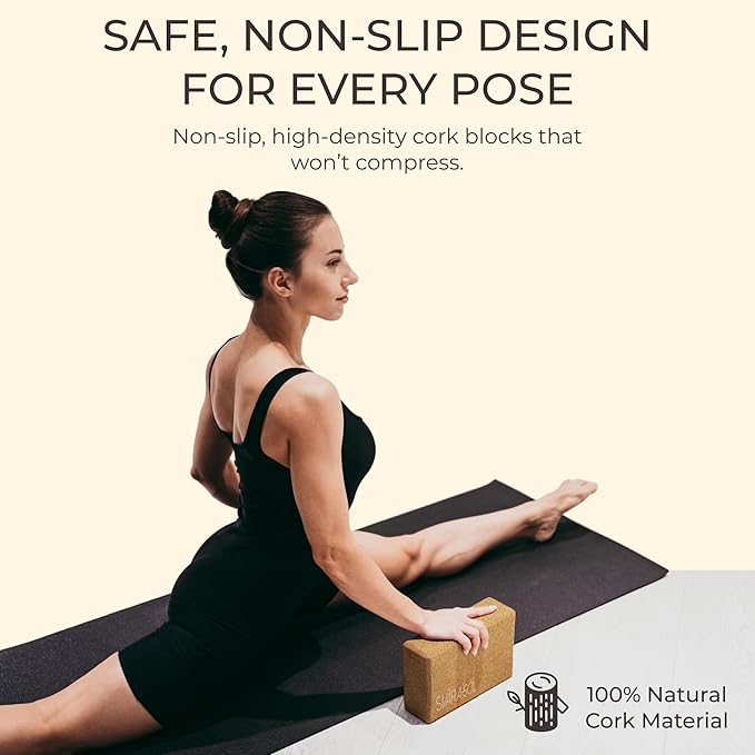 Cork Yoga Blocks 2 Pack | 9x6x3 Inch Natural Cork Block Set | High-Density Yoga Blocks for Stability & Support | Eco-Friendly Yoga Essentials