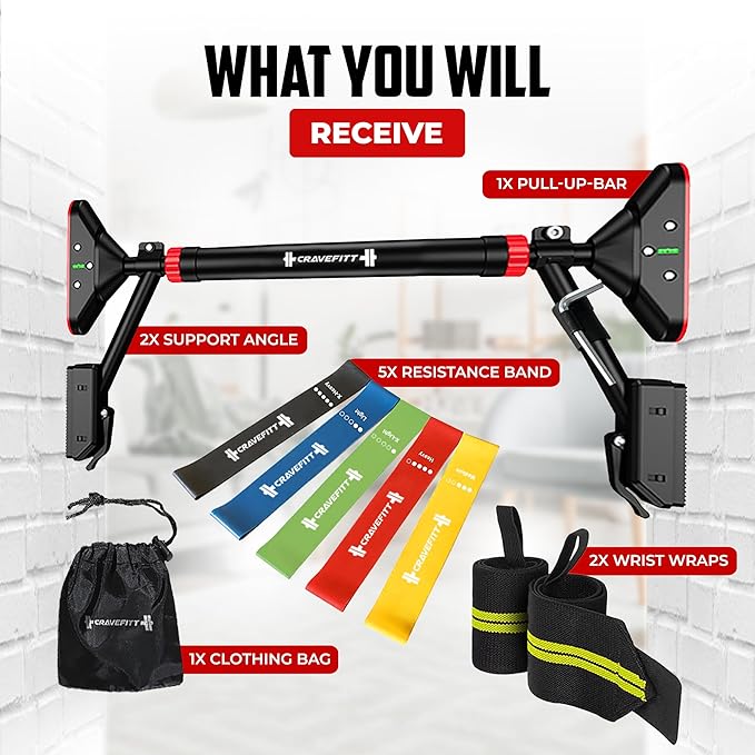 Pull Up Bar for Doorway with Resistance Bands & Wrist Wraps, Adjustable Chin Up Bar for Upper Body Workouts, 29.9" - 35.5" Locking Mechanism, No Screw Installation, Supports 880 lbs