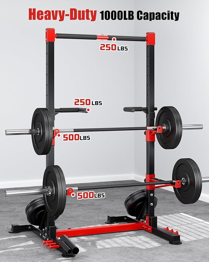 YOLEO Squat Rack with Adjustable Pull-Up Bar & Extended Safety Arms, Multi-Functional Power Racks Squat Stand for Home Gym, Garage & Basement, 35"-67" Width, Fixed 83” Frame Height, Pull-Up Bar Height 71.5"-80.5", Fits 6FT & 7FT Barbells