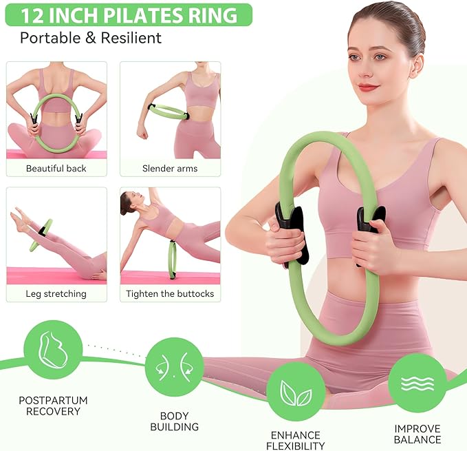 HASHMUST Pilates Ring Kit 12 PCS for Women, Home Workout Equipment with Magic Circle, Mini Exercise Ball, Resistance Bands, Massage Lacrosse, Yoga Strap, Full-Body Fitness Set for Toning & Gift