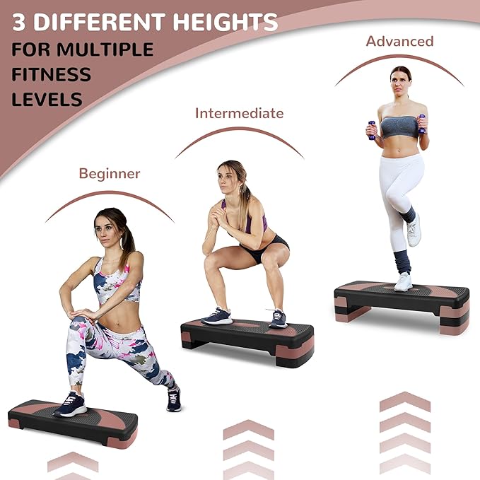Step Aerobic Platform, 31" Exercise Step with 3 levels Adjustable Height, 4 Stackable Risers, Fitness Training Workout Stepper for Home Gym, Cardio Strength, Black & Pink