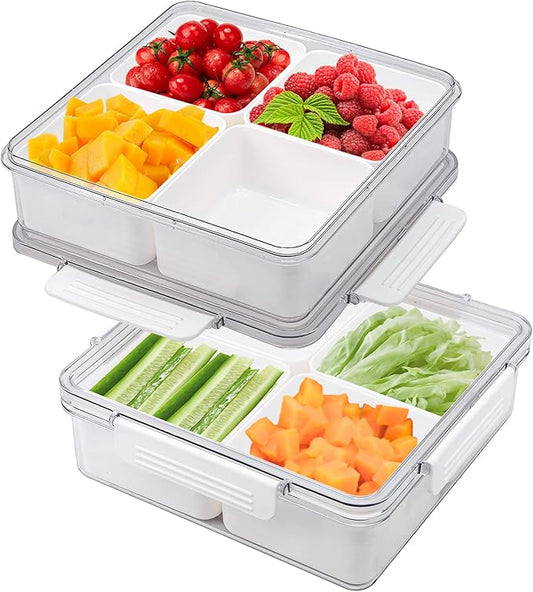 MineSign 2Pack Divided Veggie Tray with Lid Snackle Box Serving Container Salad Keeper with 4 Removable Boxes Stackable Refrigerator Organizer Bins Produce Saver for Meal Prep Fruit