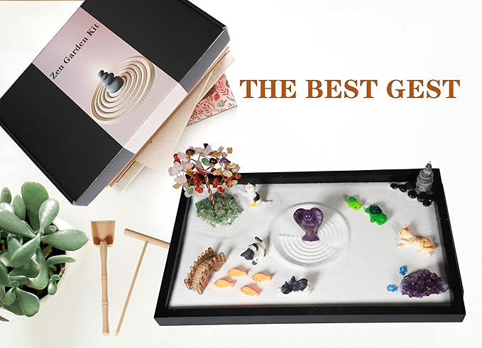 Zen Garden for Desk, with Crystals and Healing Stones & Cat Figurines, Miniature Meditation Sand Garden Stress Relief Desk Decor, Tools for Relaxation and Mindfulness