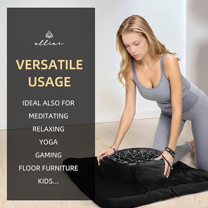 Zafu & Zabuton Meditation Cushion Set - Buckwheat Hull & Memory Foam Pillows, Ergonomic Support for Yoga, Mindfulness - Organic Velvet Cover, Large Size, Durable Comfort (Black)